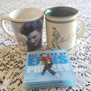 Elvis Mugs (2) and Glass Elvis Coasters (4).